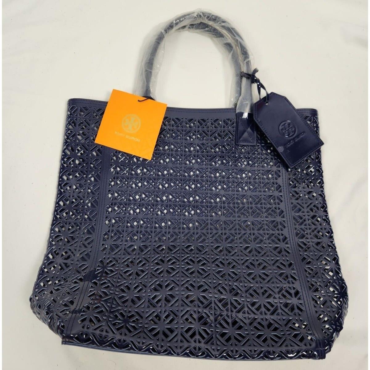 Tory Burch Lattice Perforated Navy Blue Tote Bag