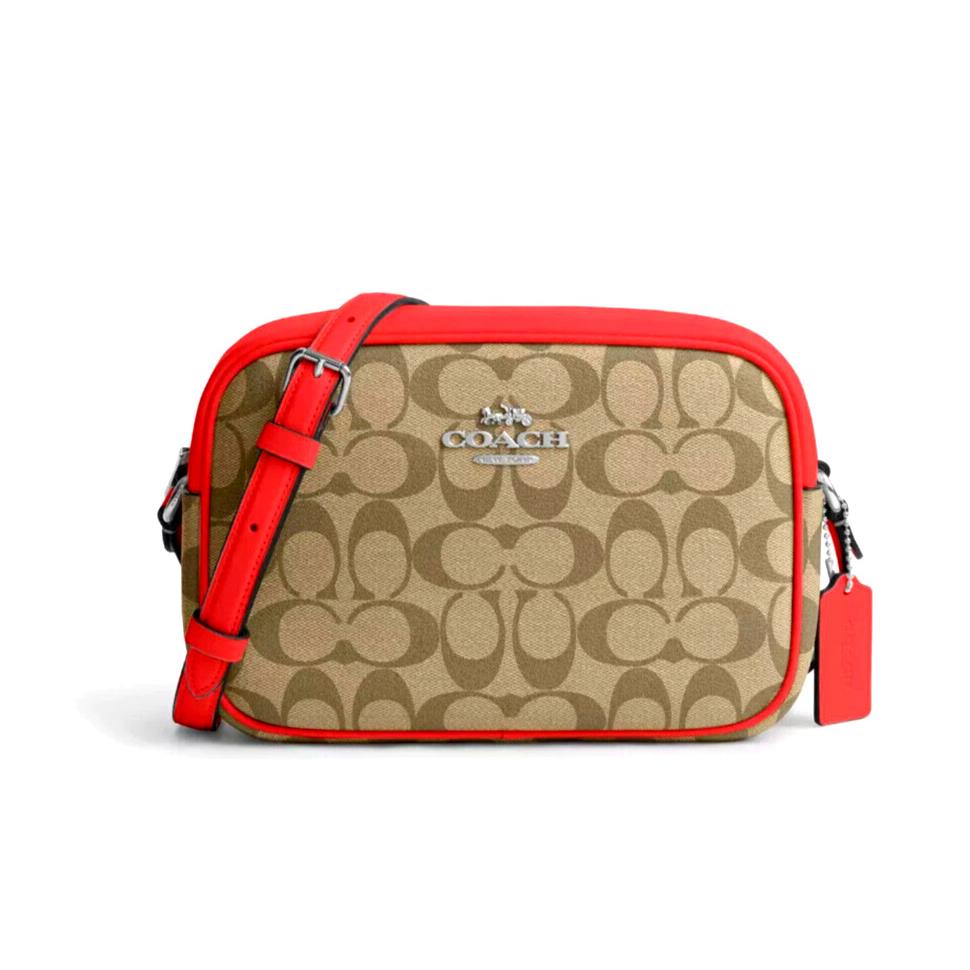 Coach CR135 Signature Jamie Camera Bag Crossbody Handbag Khaki Miami Red