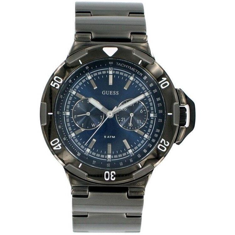 Guess Steel Blue Dial Gunmetal S/steel IP Tone Bracelet Mens WATCH-U15004G2