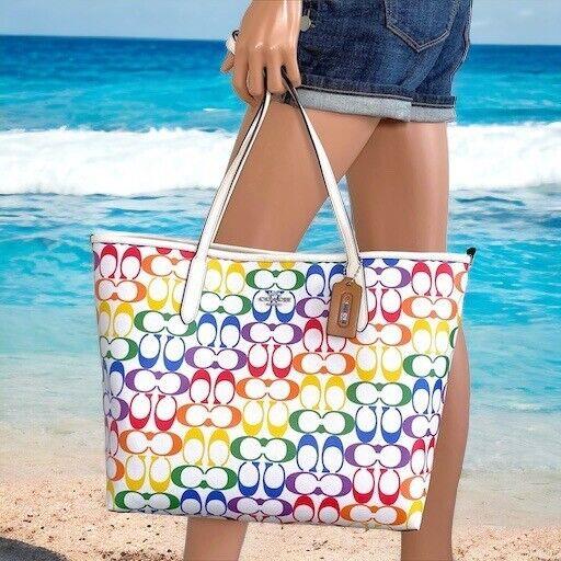 Coach Purse Rainbow Signature C Large City Tote Travel Beach Pool Purse