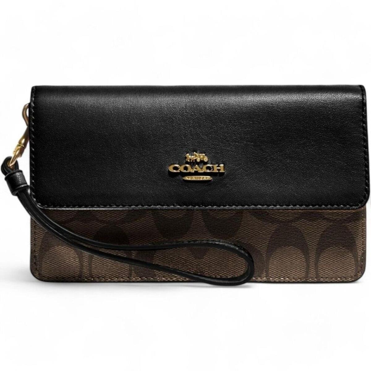 Coach Foldover Wristlet In Signature Canvas Black Brown Gold CS650