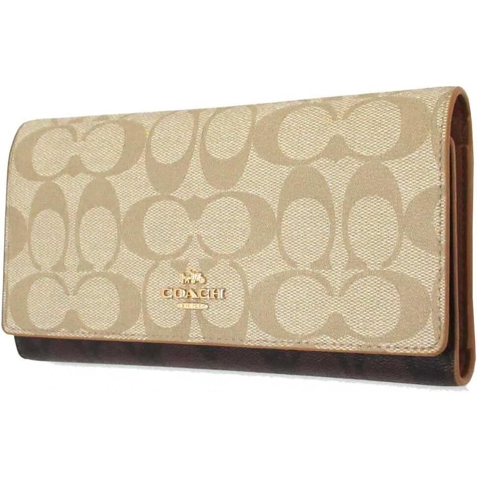 Coach Slim Trifold Signature Coated Canvas Wallet Im/lt Khaki/brown Multi
