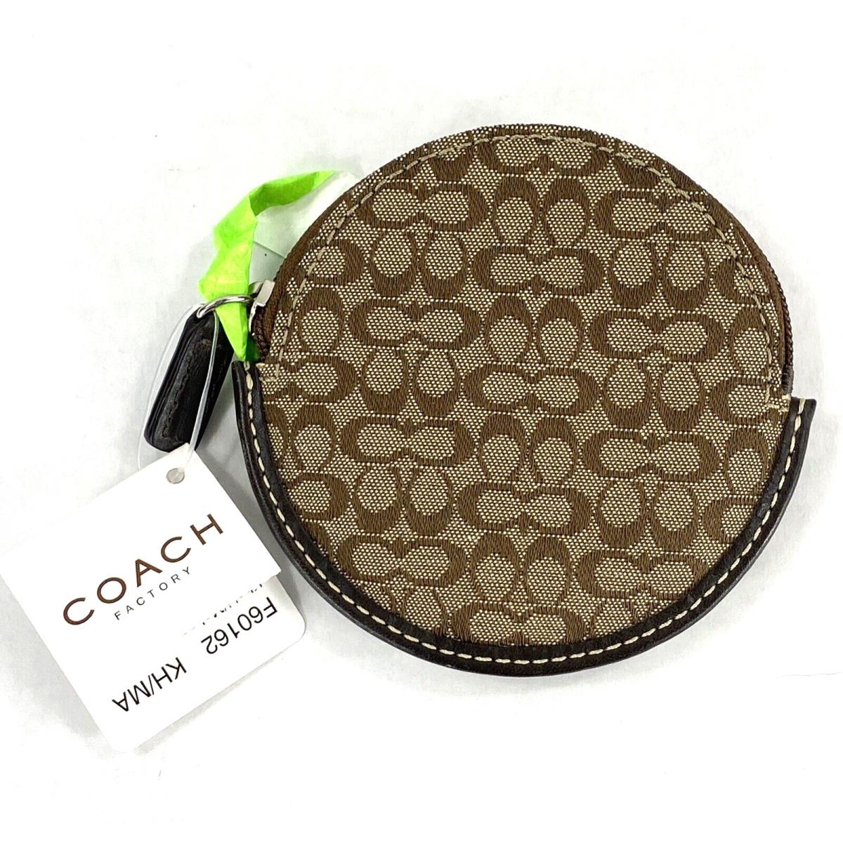 Coach Coin Purse Jacquard Round Khaki Mahogany Leather Zip F60162 Vintage W4