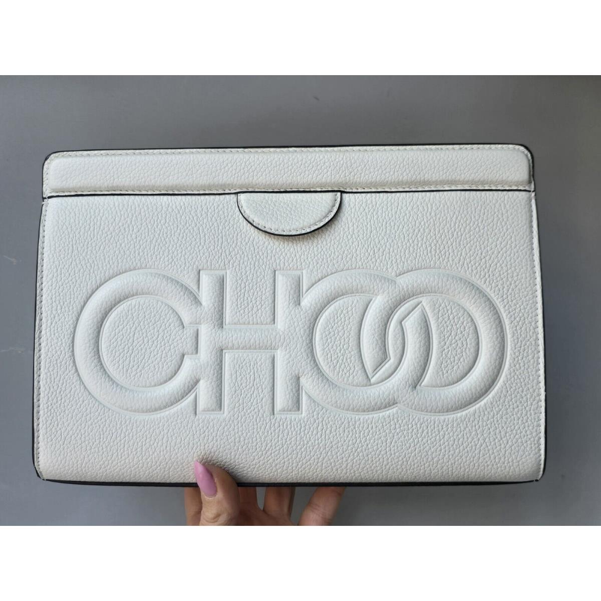 Jimmy Choo Clutch White Milk Leather Pouch Bag Choo Logo Large - Amazing