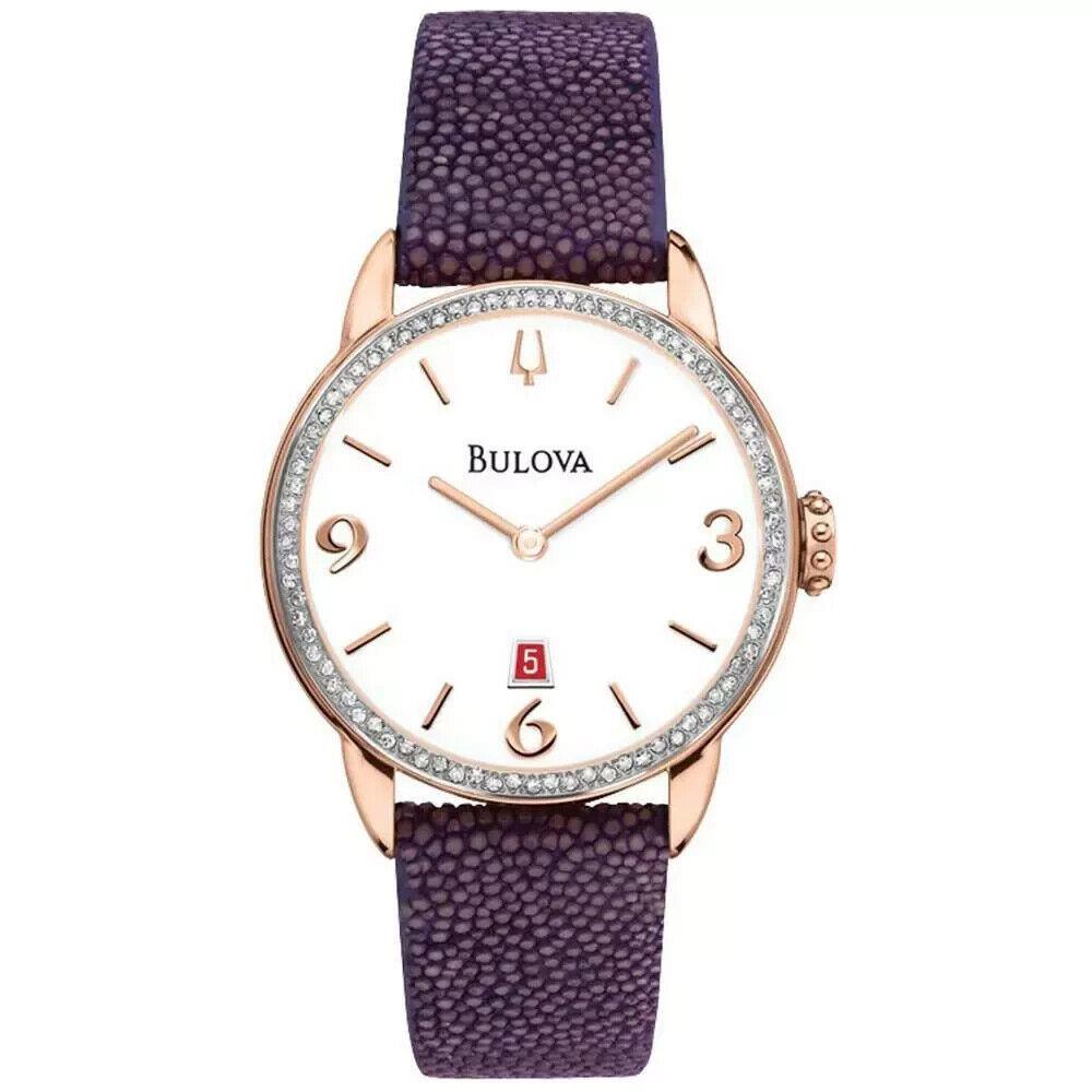 Bulova 98R196 Purple Leather Strap 78 Diamonds Rose Gold Women`s Watch