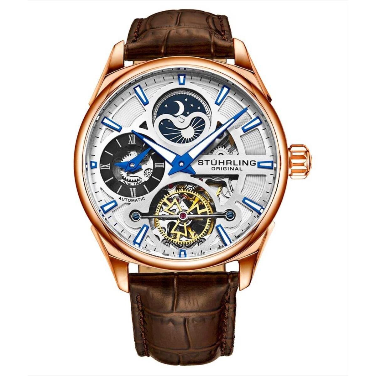 Stuhrling 3918 4 Legacy Automatic Skeleton Dual Time Am/pm Leather Mens Watch
