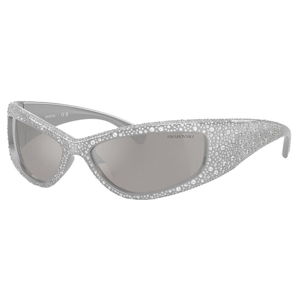 Swarovski SK 6027 10596G Light Grey Plastic Wrap Sunglasses Silver Mirror Lens