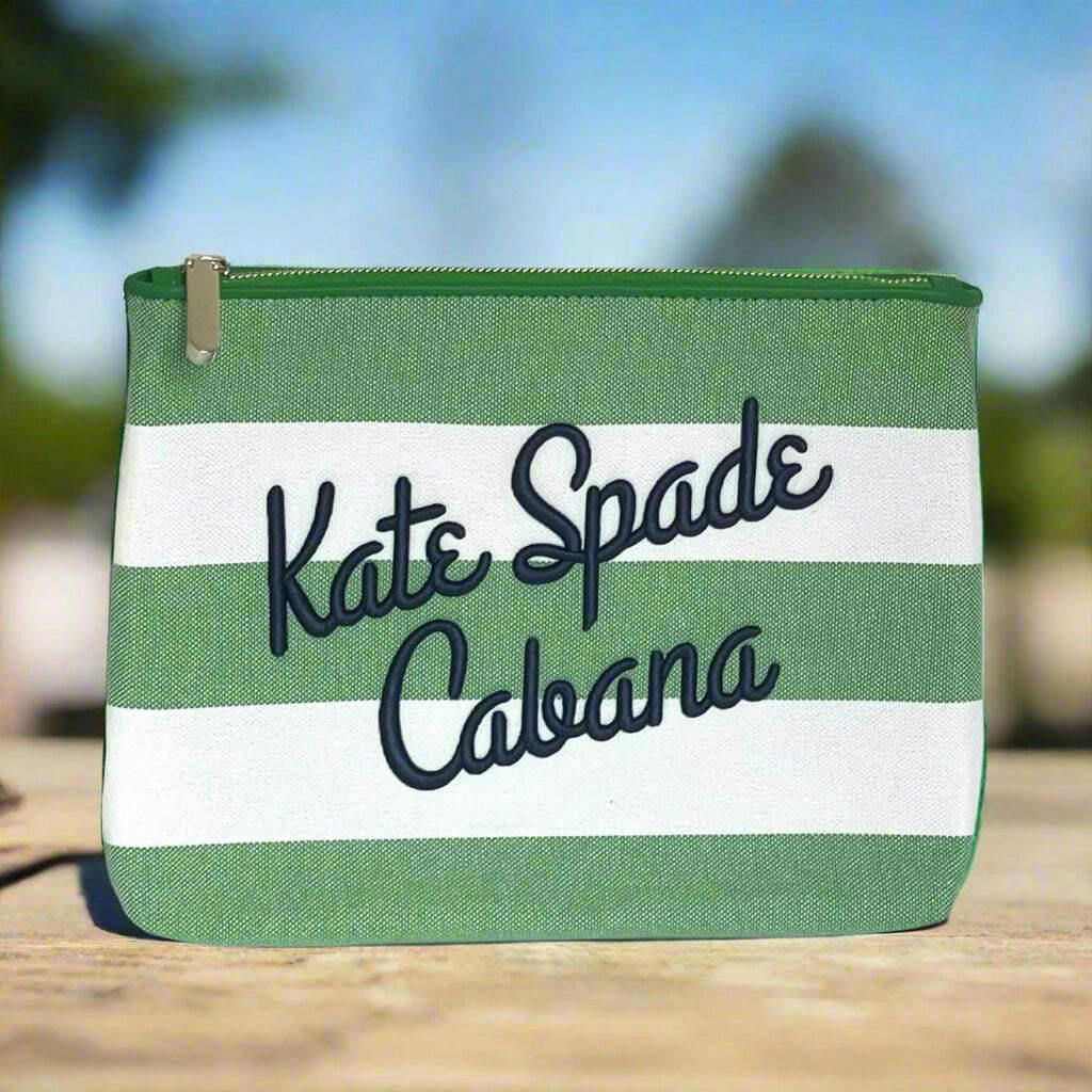 Kate Spade Cabana Green Stripe Pouch Medium Canvas Zip Clutch Beach