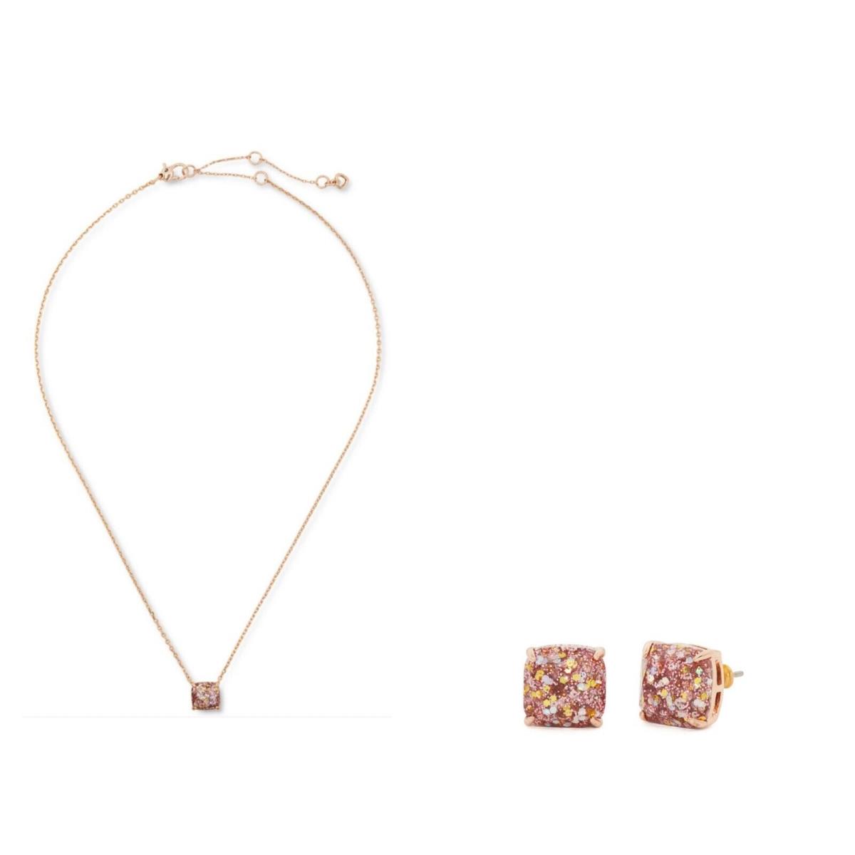 Kate Spade Mini Square Pendant Necklace Rose Gold 16-20inch and Earrings Set
