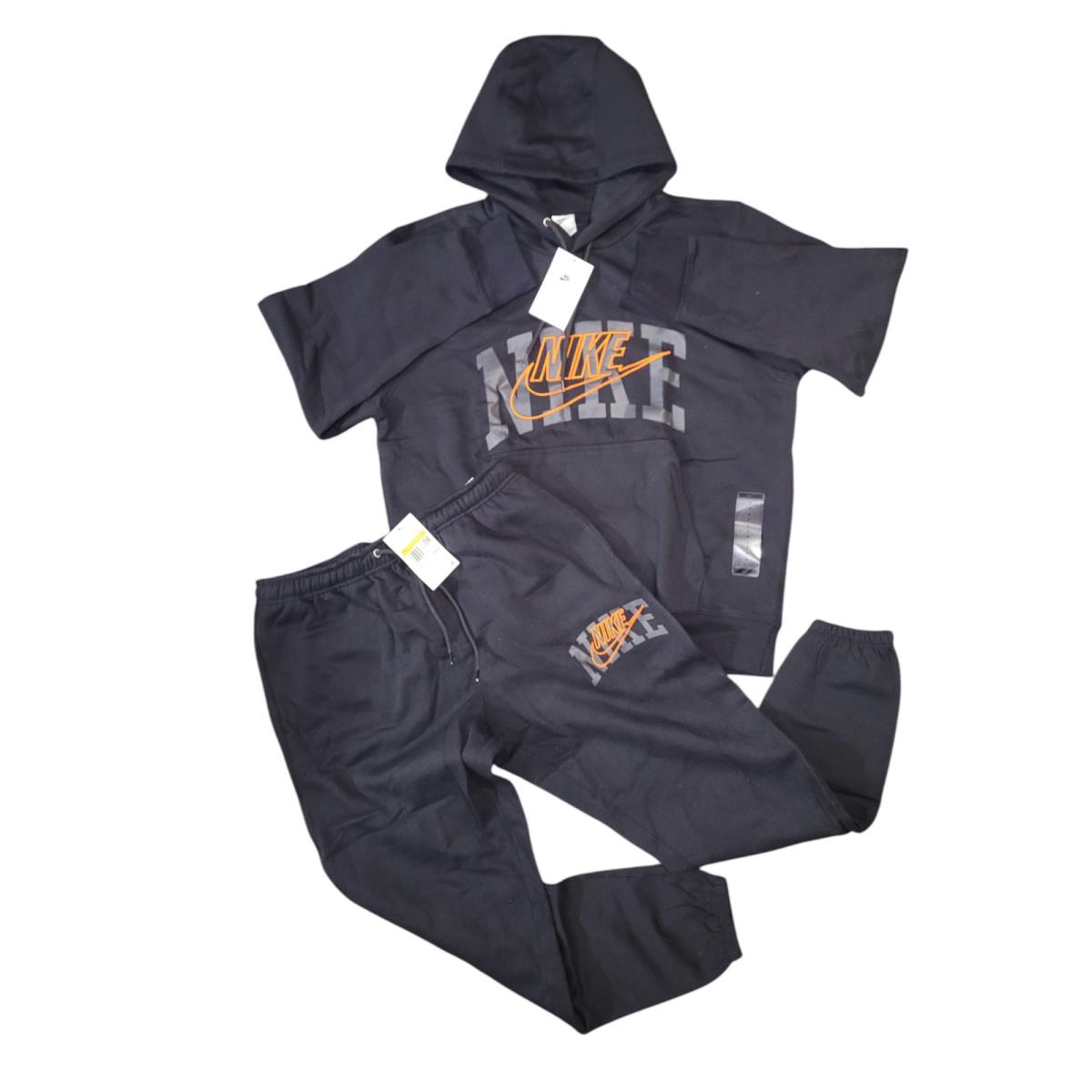 Nike Men`s Hoodie Club Fleece Embroidered Pullover Hoodie and Jogger Set Black