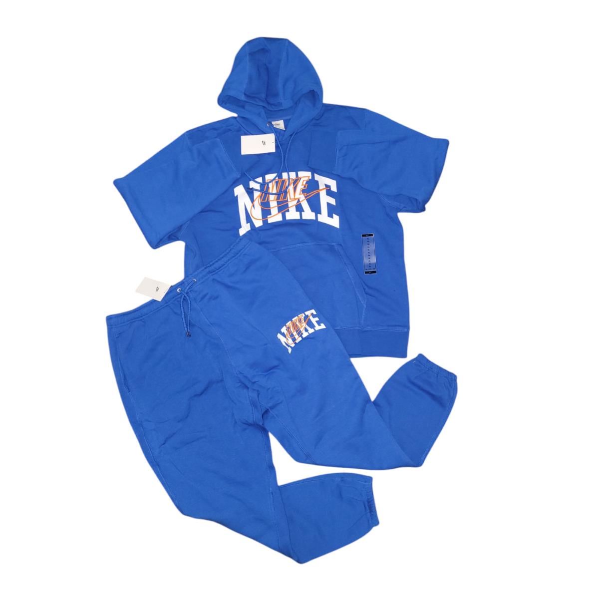 Nike Men`s Hoodie Club Fleece Embroidered Pullover Hoodie and Jogger Set Blue