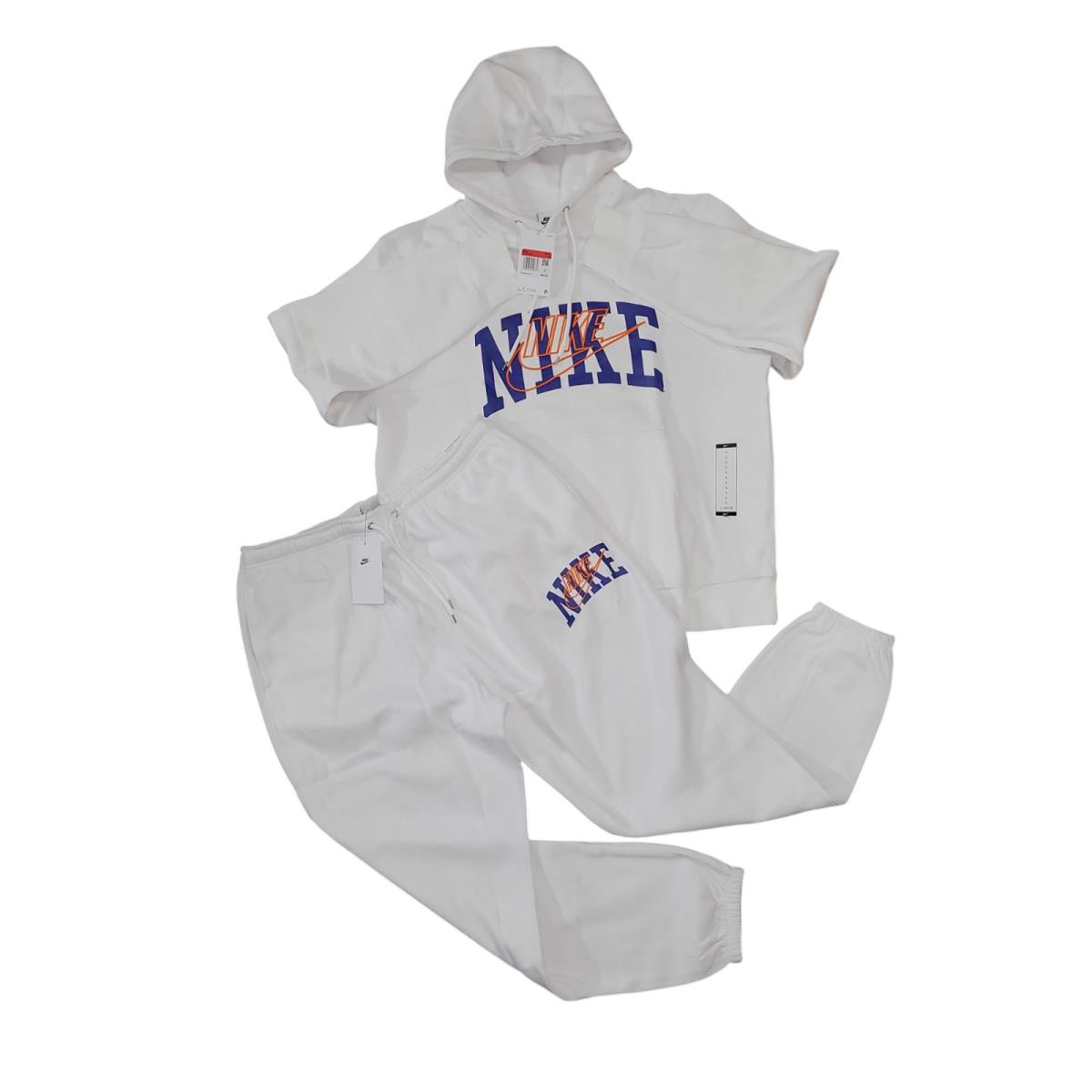 Nike Men`s Hoodie Club Fleece Embroidered Pullover Hoodie and Jogger Set White