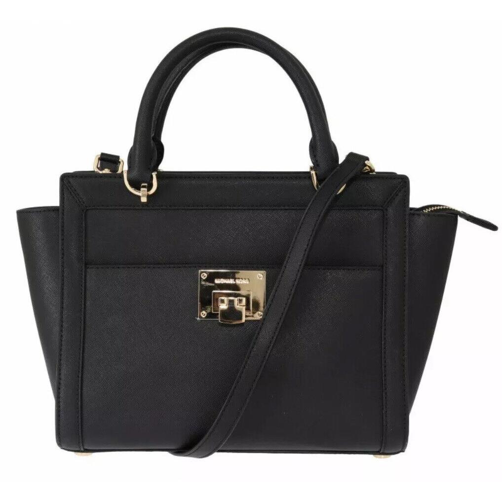 Michael Kors Tina Large Top Zip Leather Satchel Shoulder Bag Purse Black Gold