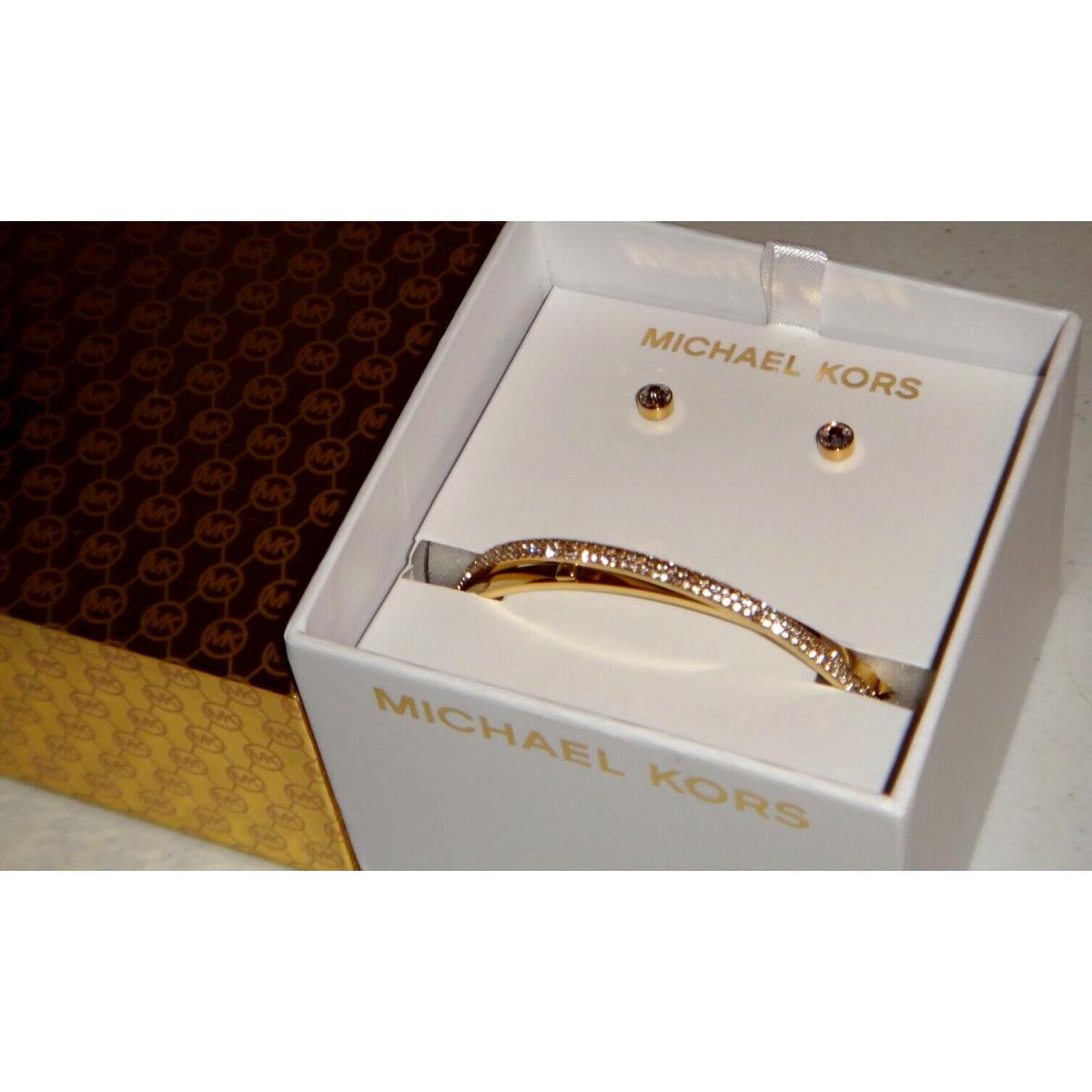 Michael Kors Set Gold Criss Cross Bangle Bracelet Crystal Earrings MKJ7458710