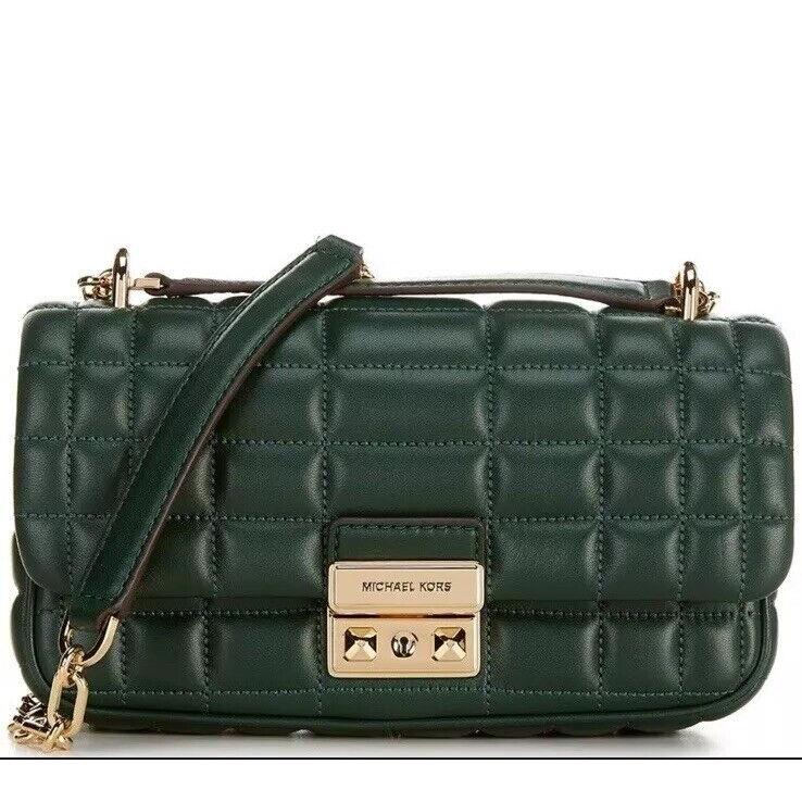 Michael Kors Tribeca Small Quilted Shoulder Bag Green Color/gold