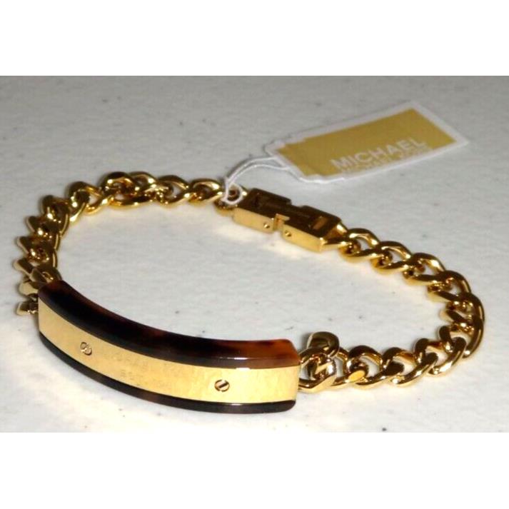 Michael Kors MK Logo Plaque Yellow Gold Tortoise Chain Bracelet MKJ5886710 + Box