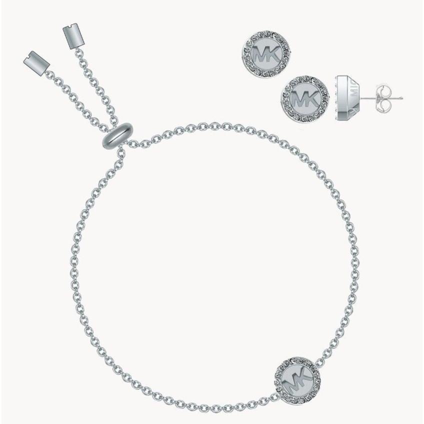 Michael Kors Logo Gift Set Silver Slider Bracelet Earrings Crystals MKJ7808040
