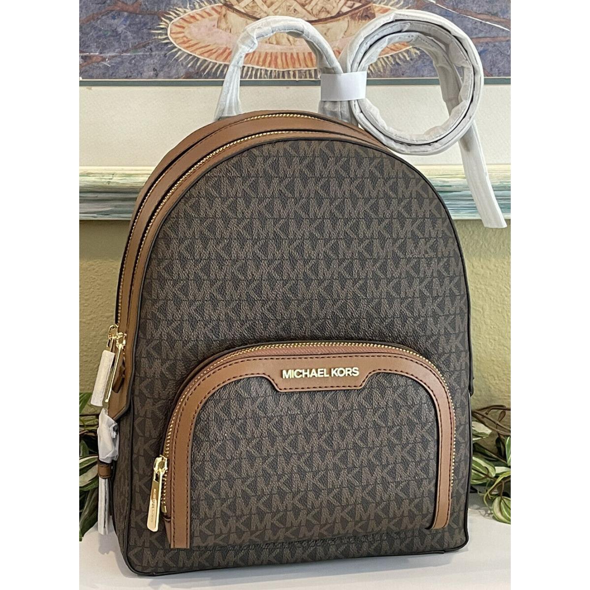 Michael Kors Jaycee Medium Zip Pocket Backpack Bag Tote MK Brown Logo Leather