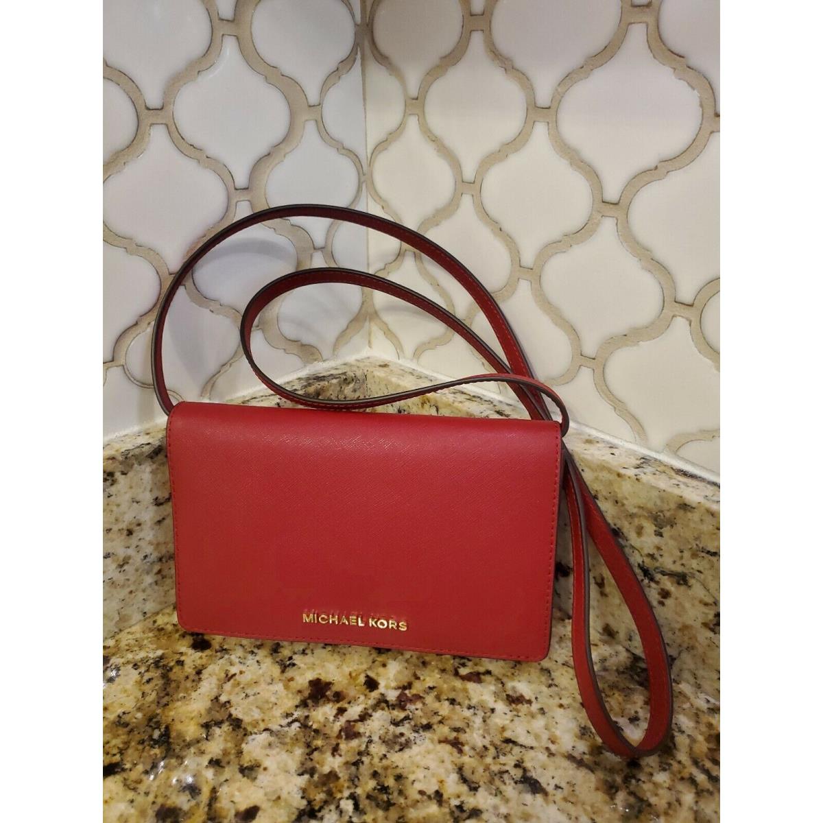 Michael Kors Scarlet Red Leather Crossbody Clutch Purse