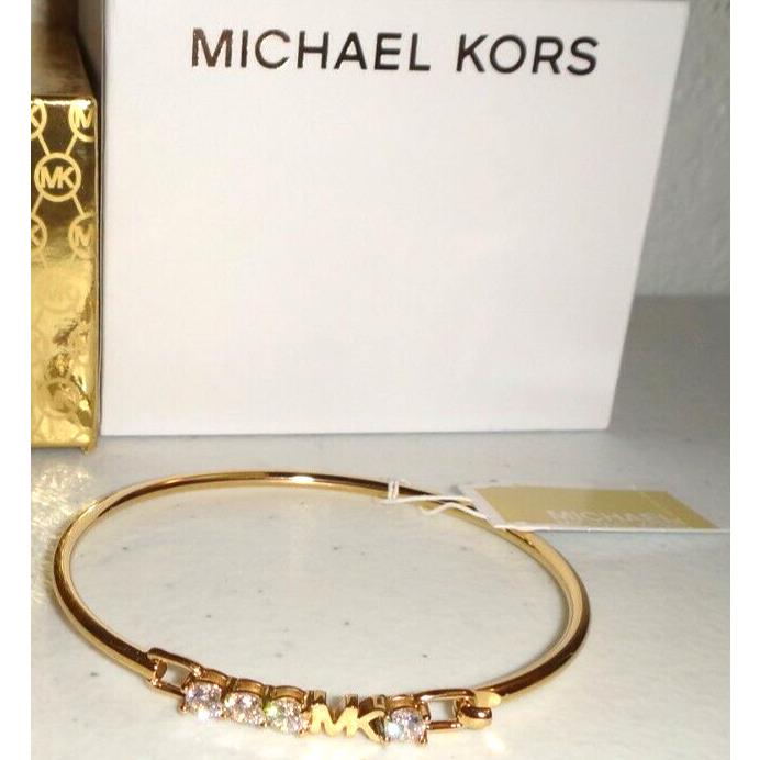 Michael Kors MK Logo Yellow Gold S/ Steel Bracelet 4 Crystals MKJ7316710 +mk Box