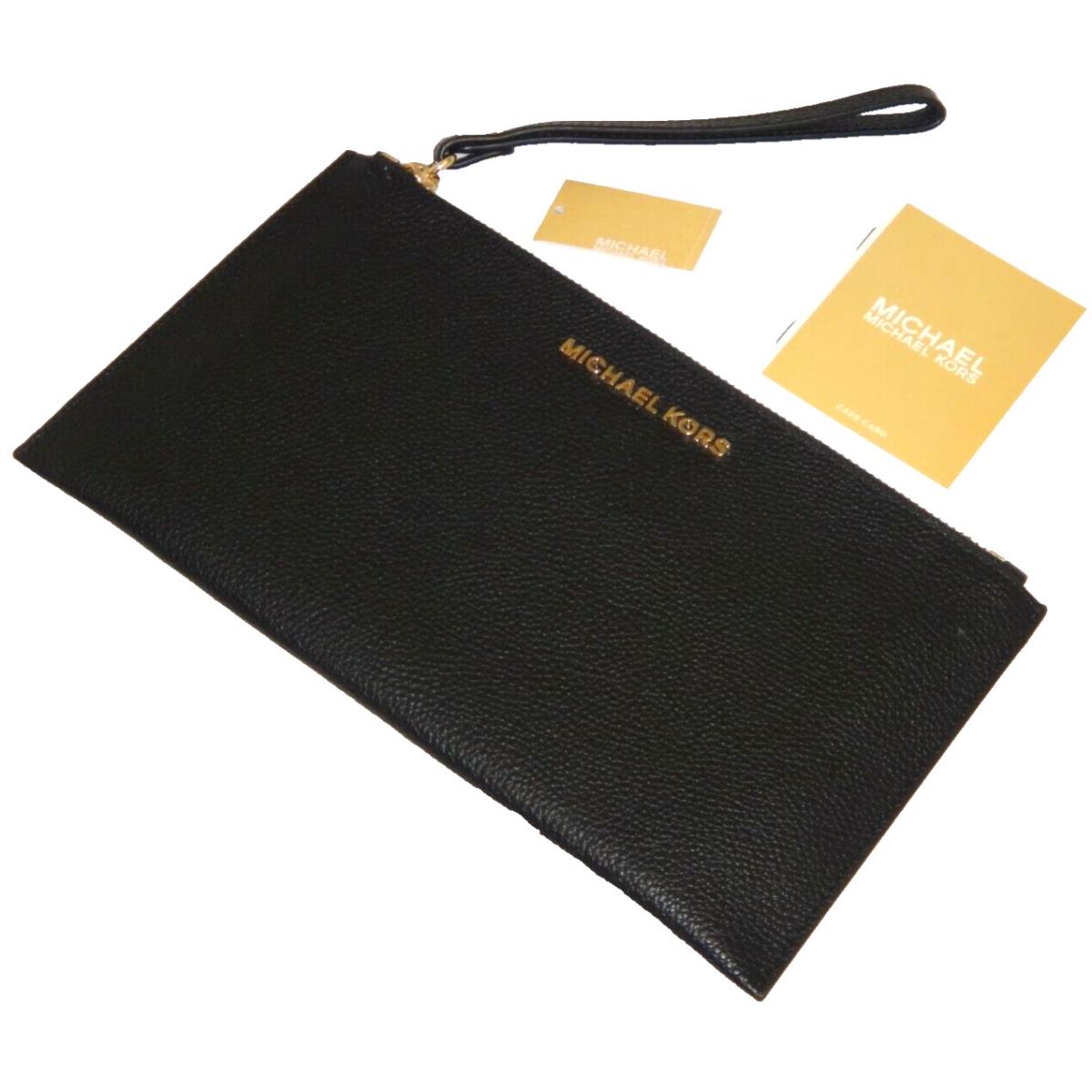 Michael Kors MK Jet Set LG Zip Clutch Wrist-let Wallet Black Leather Gold Logo