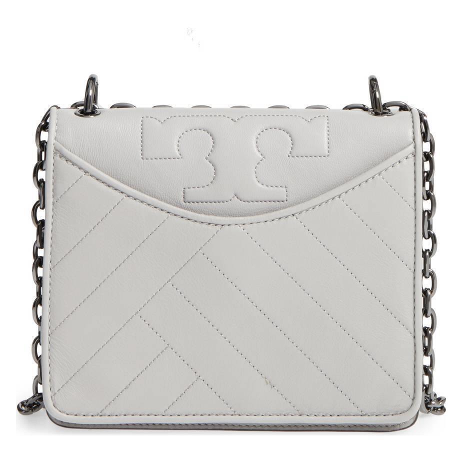 Tory Burch Chevron Alexa Leather Crossbody Shoulder Bag Concrete Grey