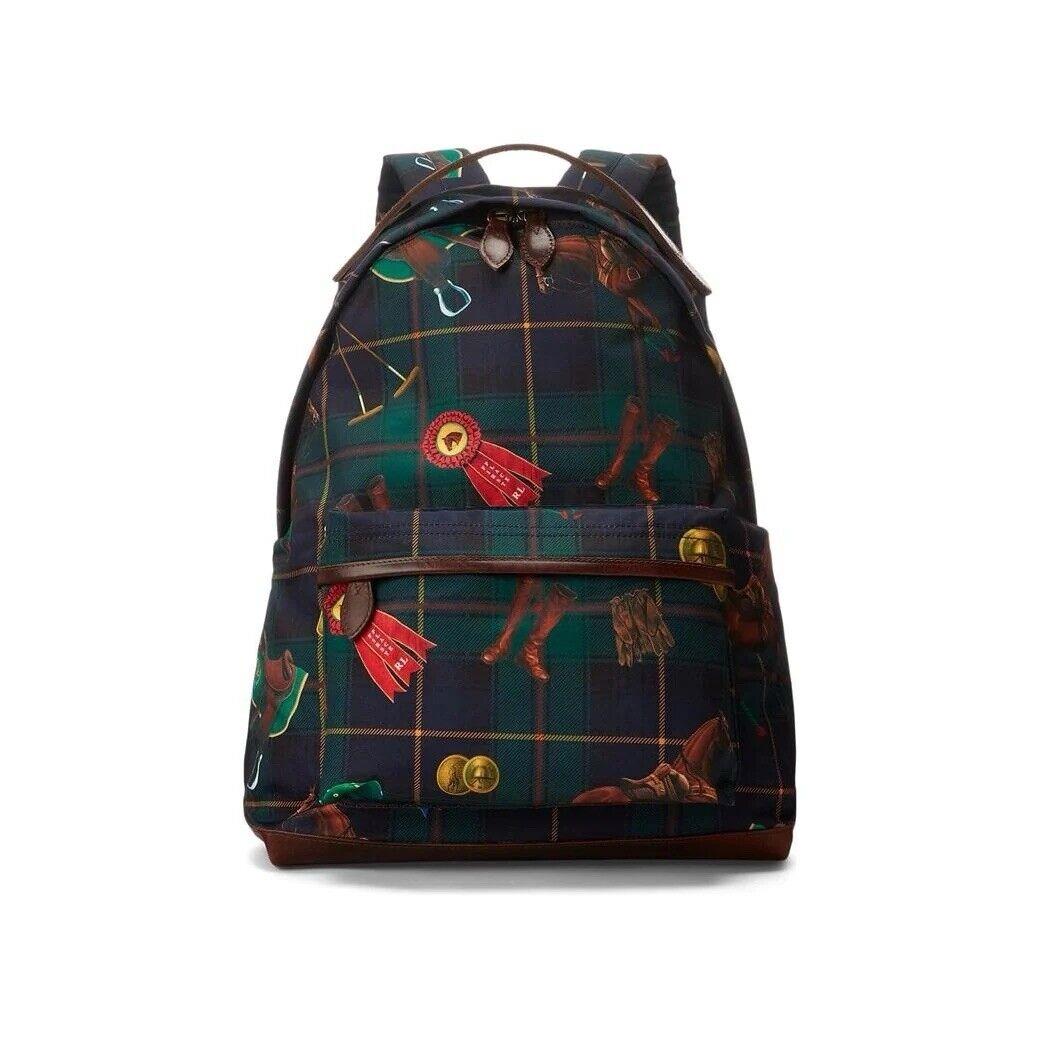 Polo Ralph Lauren Equestrian Backpack Plaid Canvas Leather Logo Icons Bag