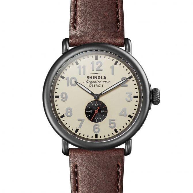 Runwell Cream Dial Grey Case Brown Leather Strap Mens Watch S0120194493 by Shinola