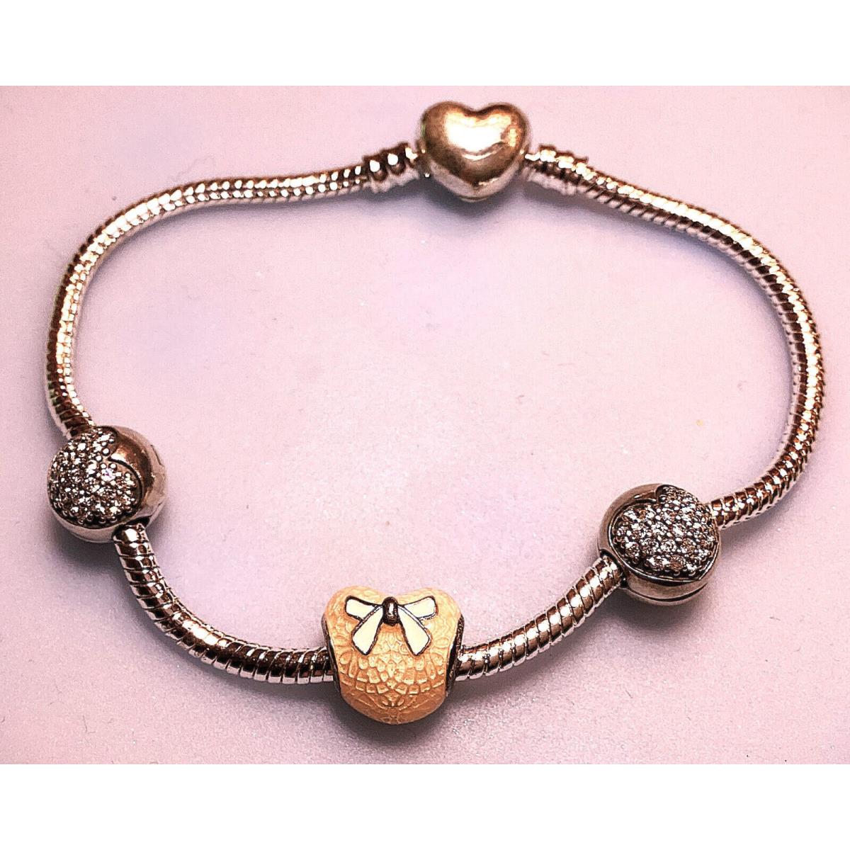 Pandora Pink with Bow 3 Charms on 7.5 Bracelet Retail