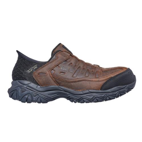 Skechers Men`s Hartan Dk Brown Leather Memory Foam Work Shoe Steel Toe EH 77066 - Brown