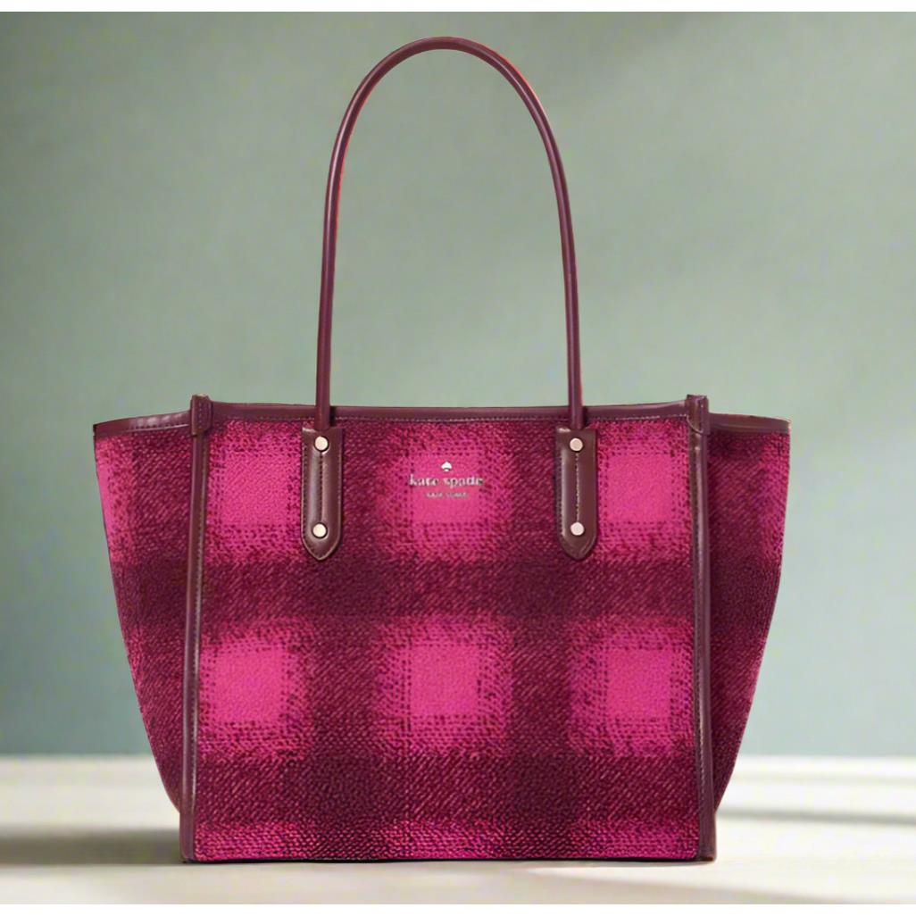 Kate Spade Ella Plaid Tweed Tote Bright Rose Black Medium Shoulder Bag