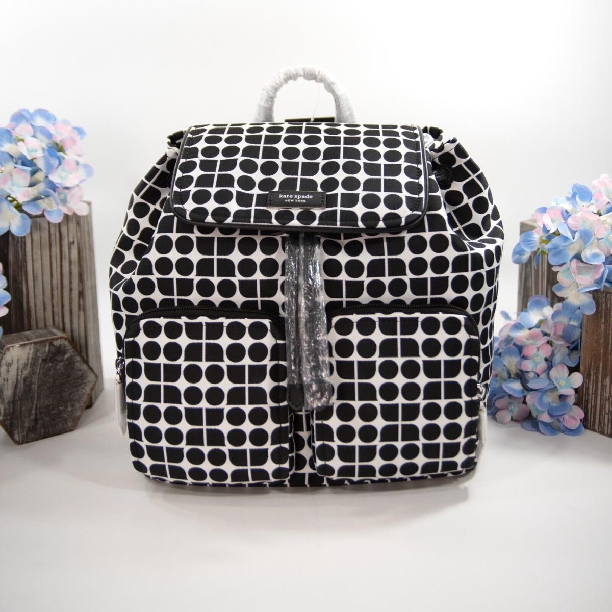 Kate Spade Noel Black White Nylon Jacquard Drawstring Large Backpack Bag