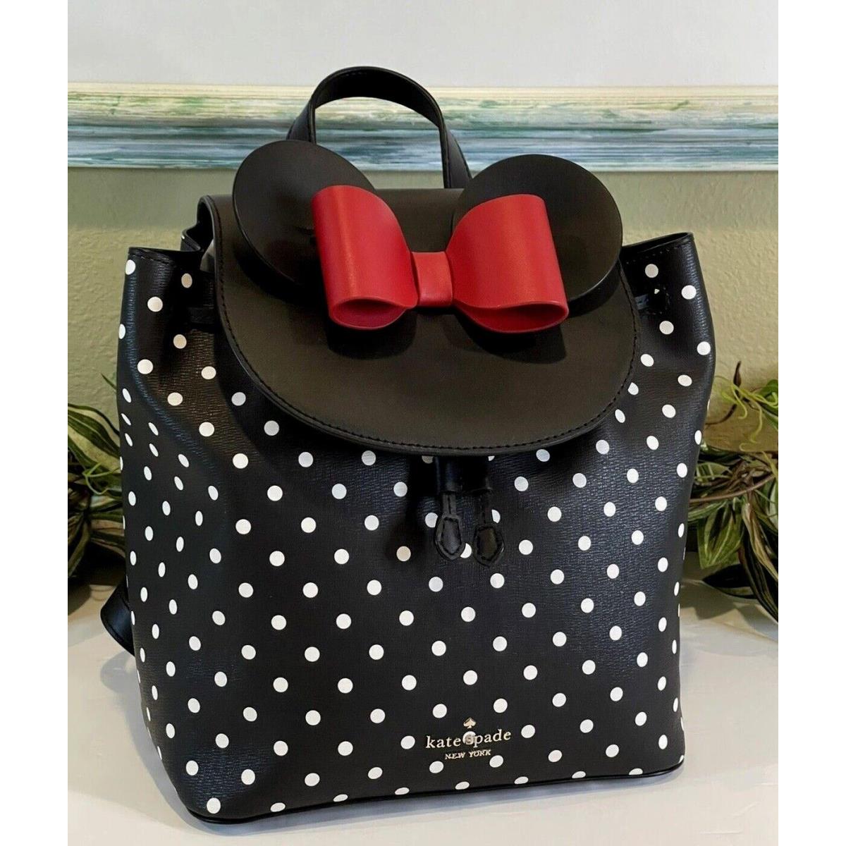 Kate Spade Disney Minnie Mouse Backpack Black White Polka Dot Leather Red Bow