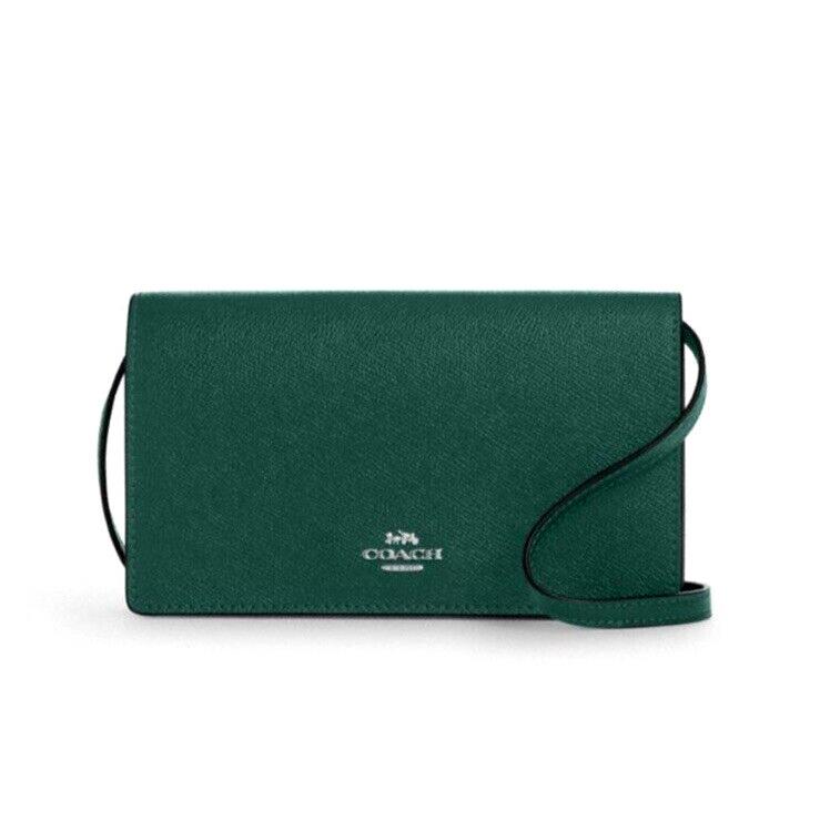 Coach CX592 Anna Foldover Clutch Crossbody Crossgrain Leather Emerald Green