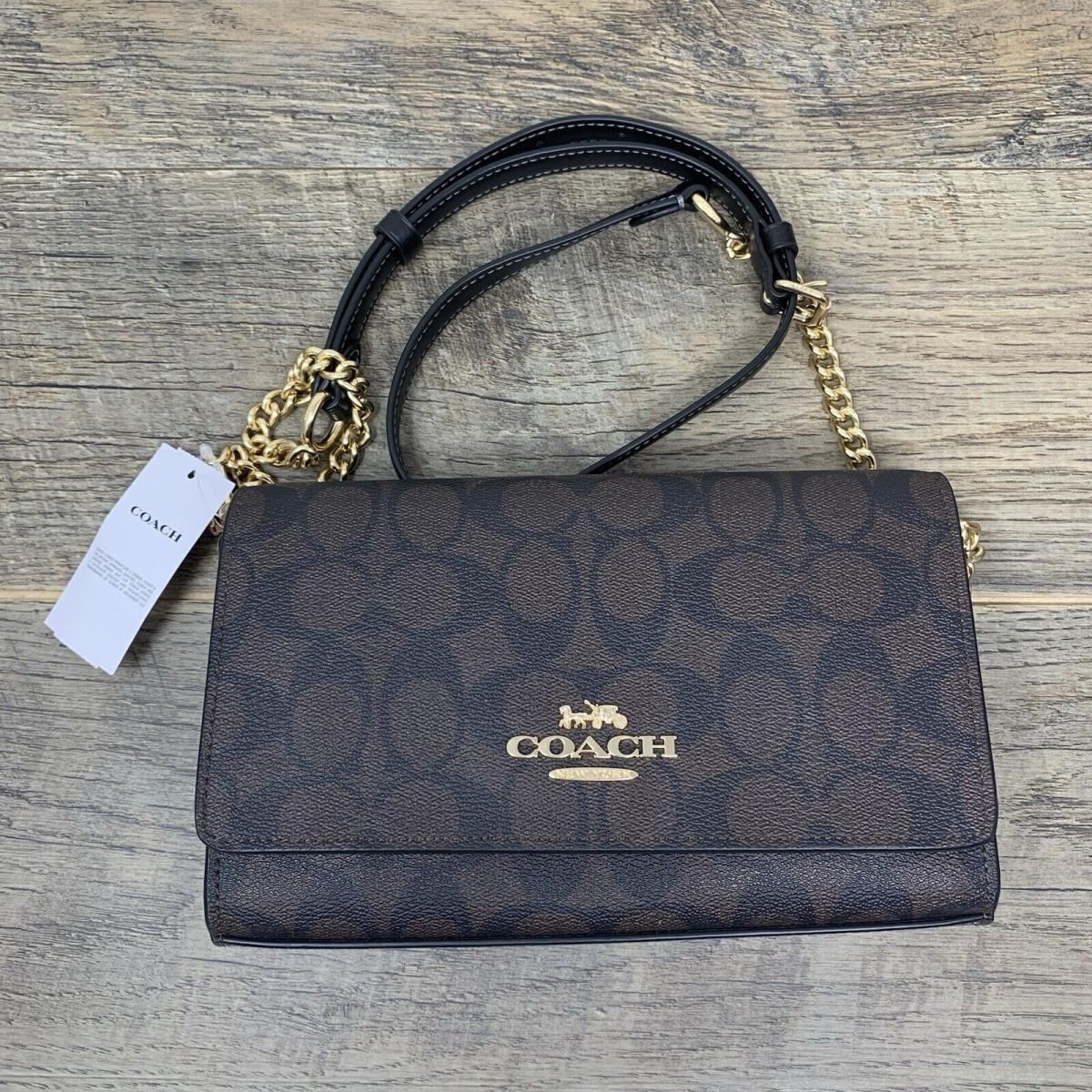 Coach Flap Clutch Crossbody In Signature Canvas Leather Brown Black