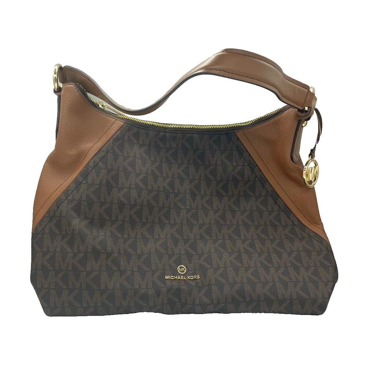 Michael Kors Aria Large Shoulder Bag Signature Brown Luggage Gold Hardware
