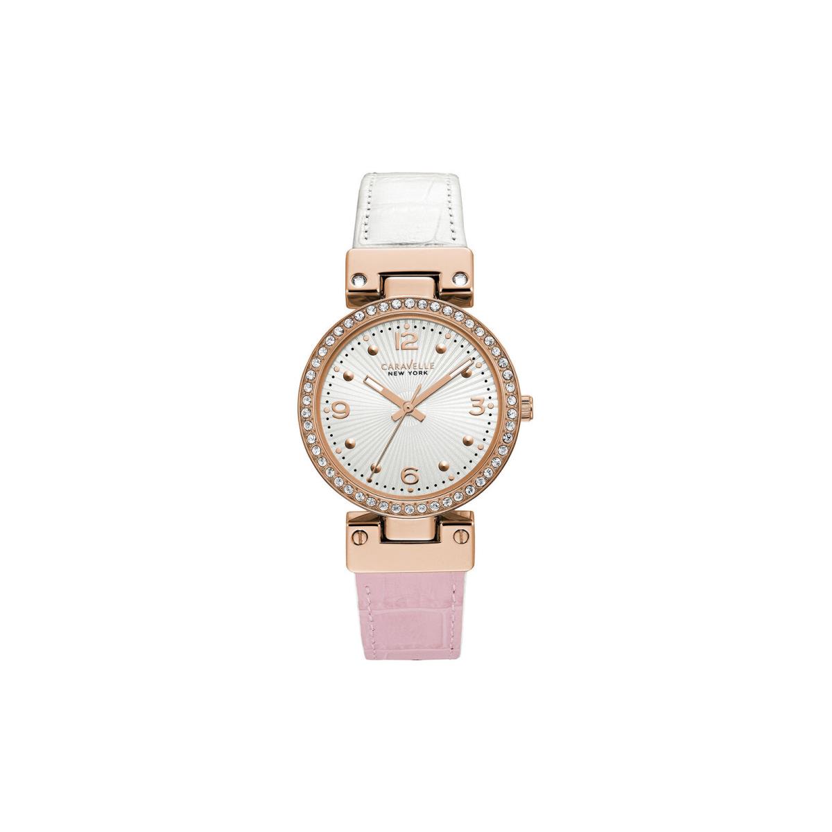 Caravelle 44L232 Women S Crystal Silver Dial Pink and White Reversible Leather S