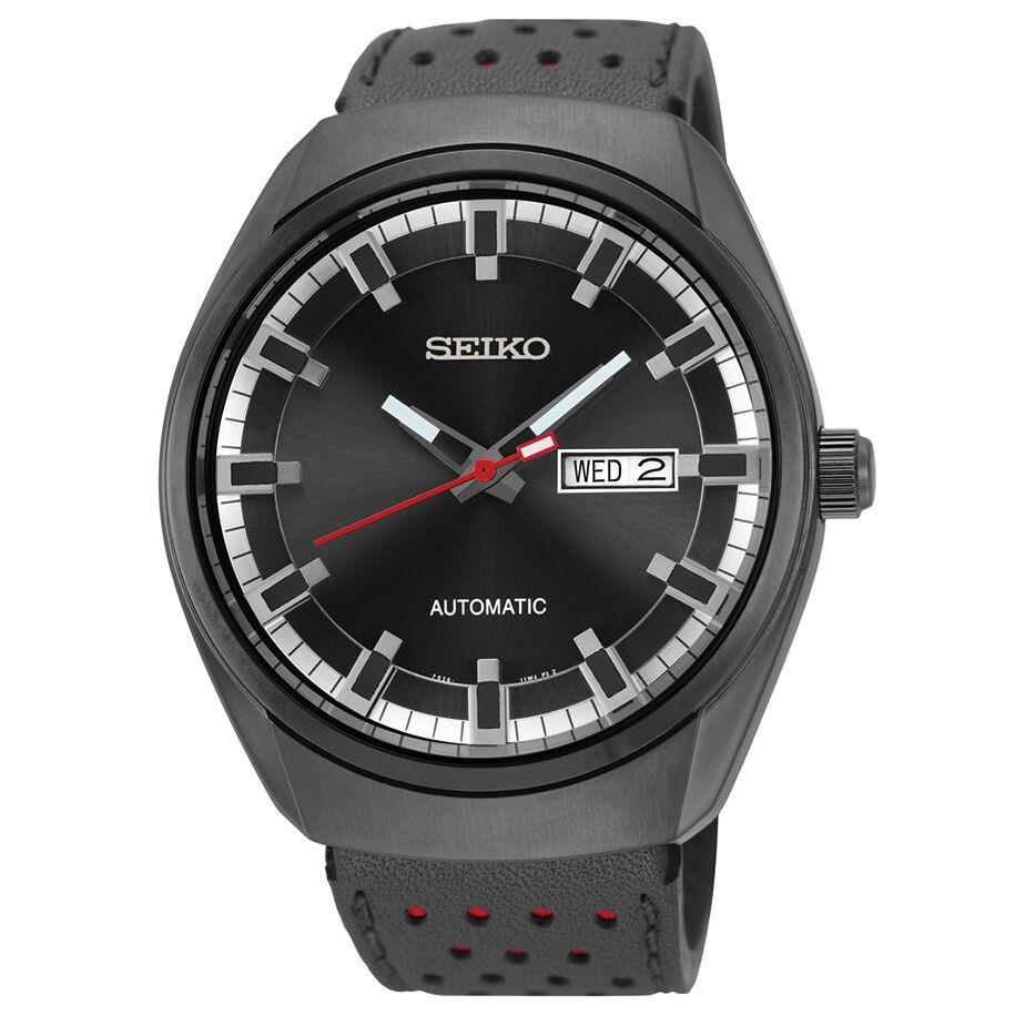 Seiko SNKN45 Men`s Automatic Day Date Black Dial Black Leather Watch