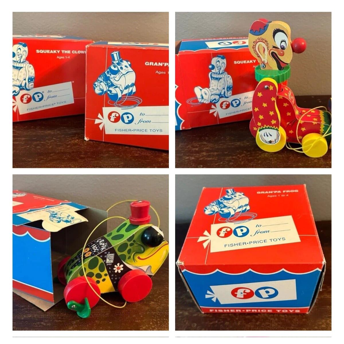 Set of 2 Fisher Price Pull Toys in Boxes Frog Clown
