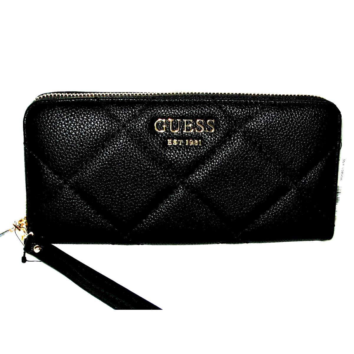 Guess Fantine Black Logo Quilted Leather Zip Around Wristlet Wallet