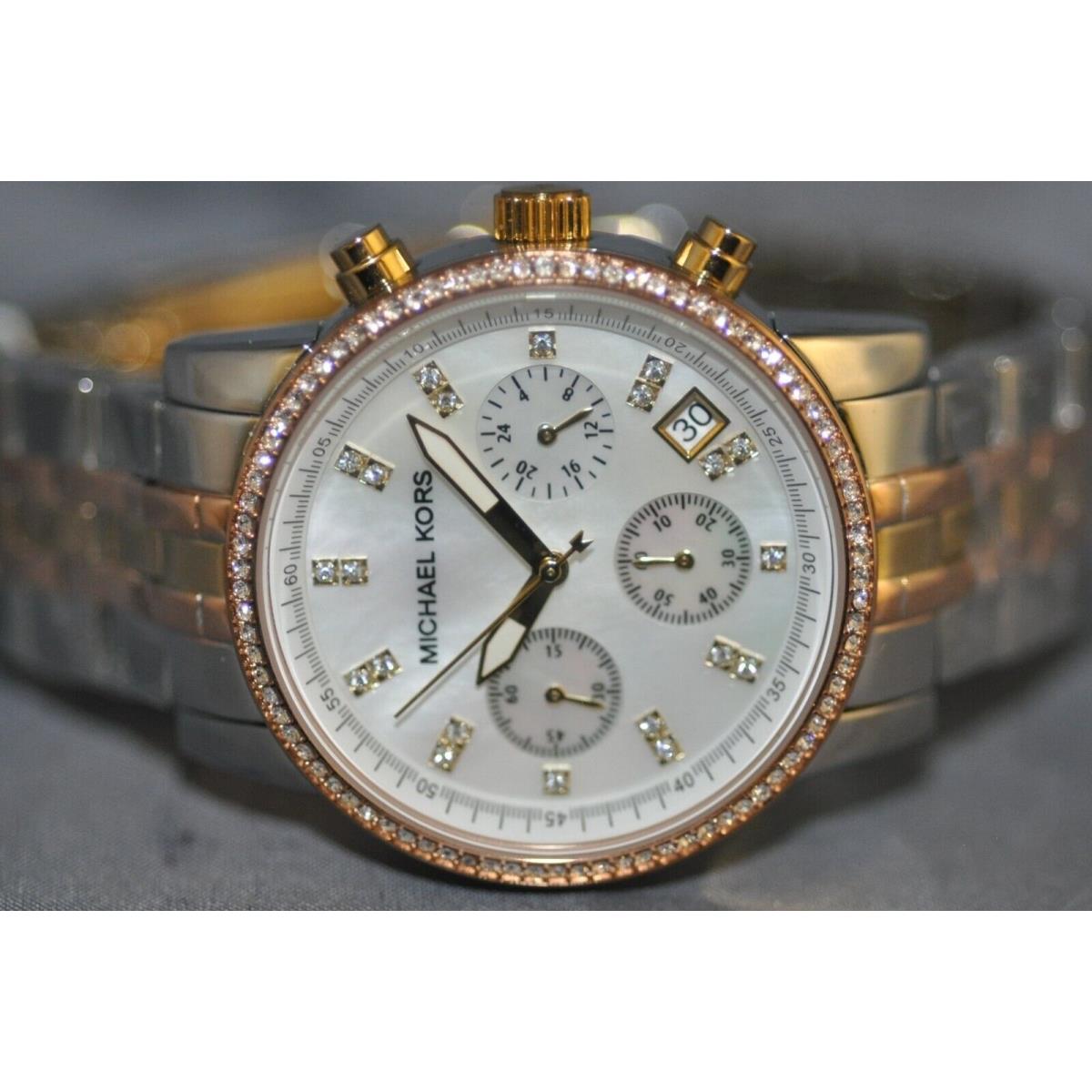 Michael Kors Ladies Ritz Chrono Silver Mop Dial Tri-color Steel Watch MK5650 - Dial: Silver, Band: Gold, Bezel: Rose Gold
