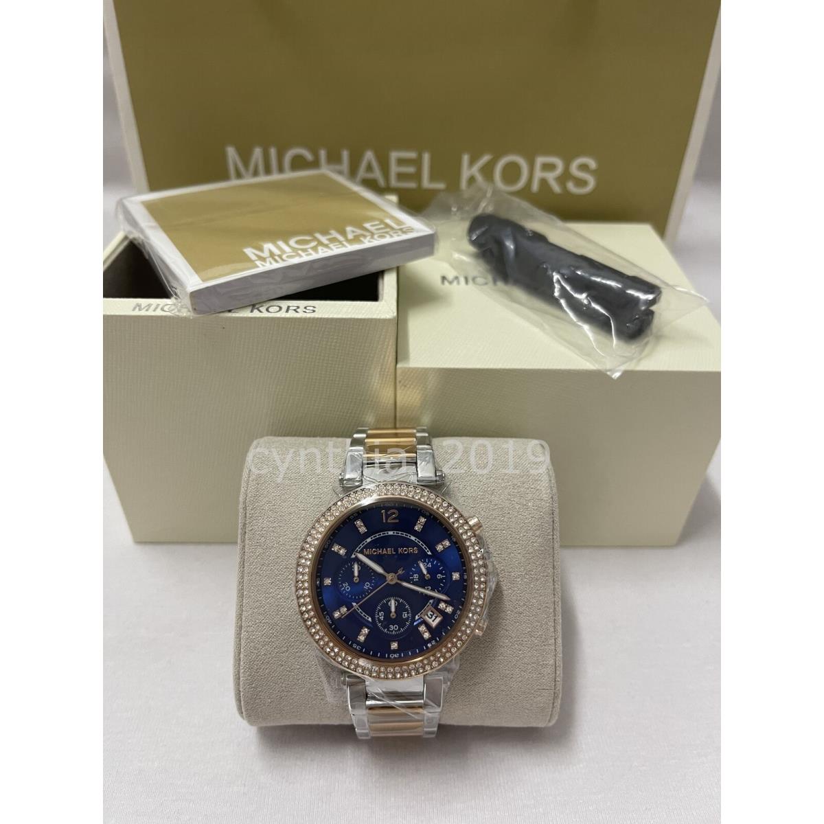 Michael Kors MK6141 Ladies 39mm Parker Two-tone Blue Dial Women s Watch - Dial: Blue, Band: Silver, Bezel: Rose Gold