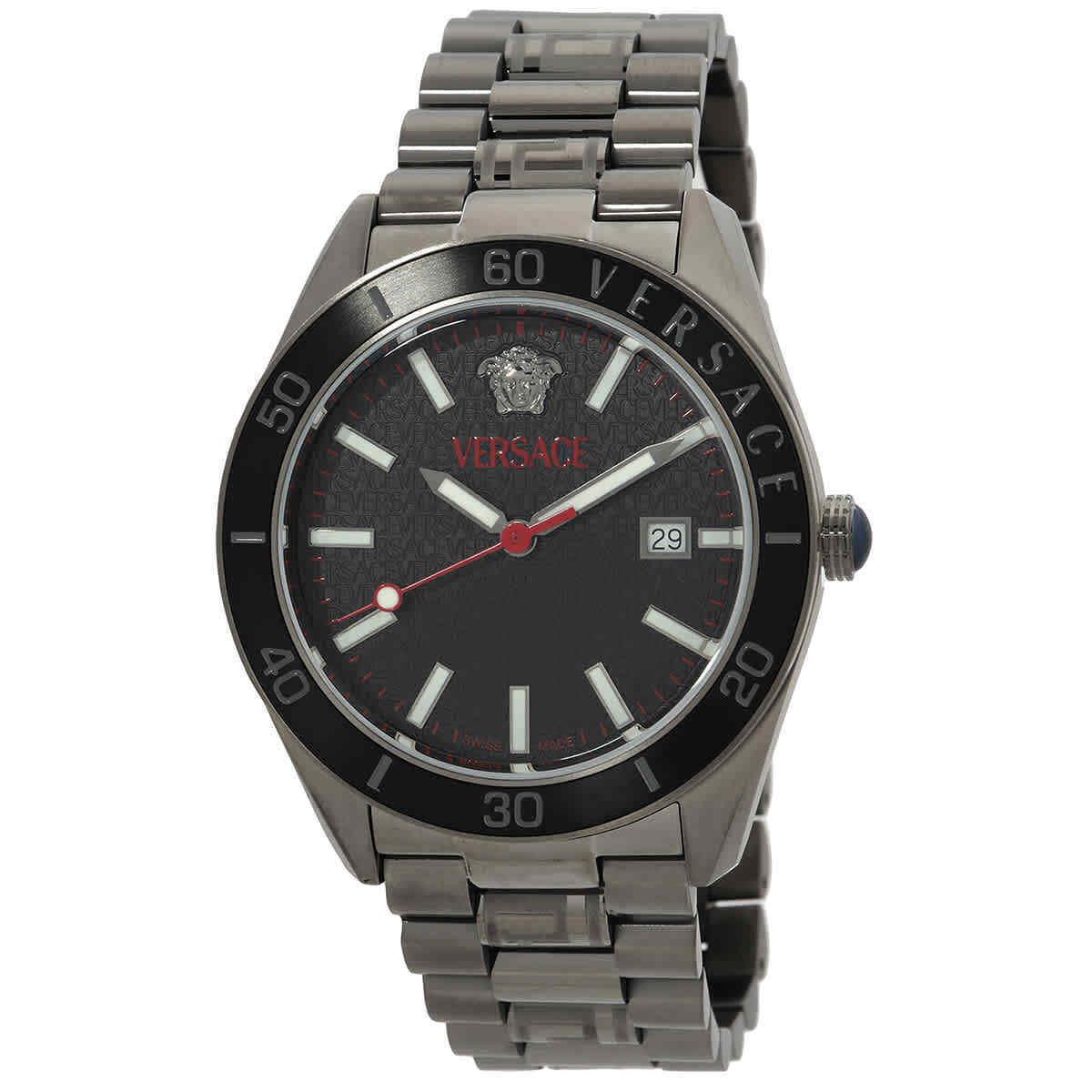 Versace V-dome Quartz Black Guilloche Dial Men`s Watch VE8E00724