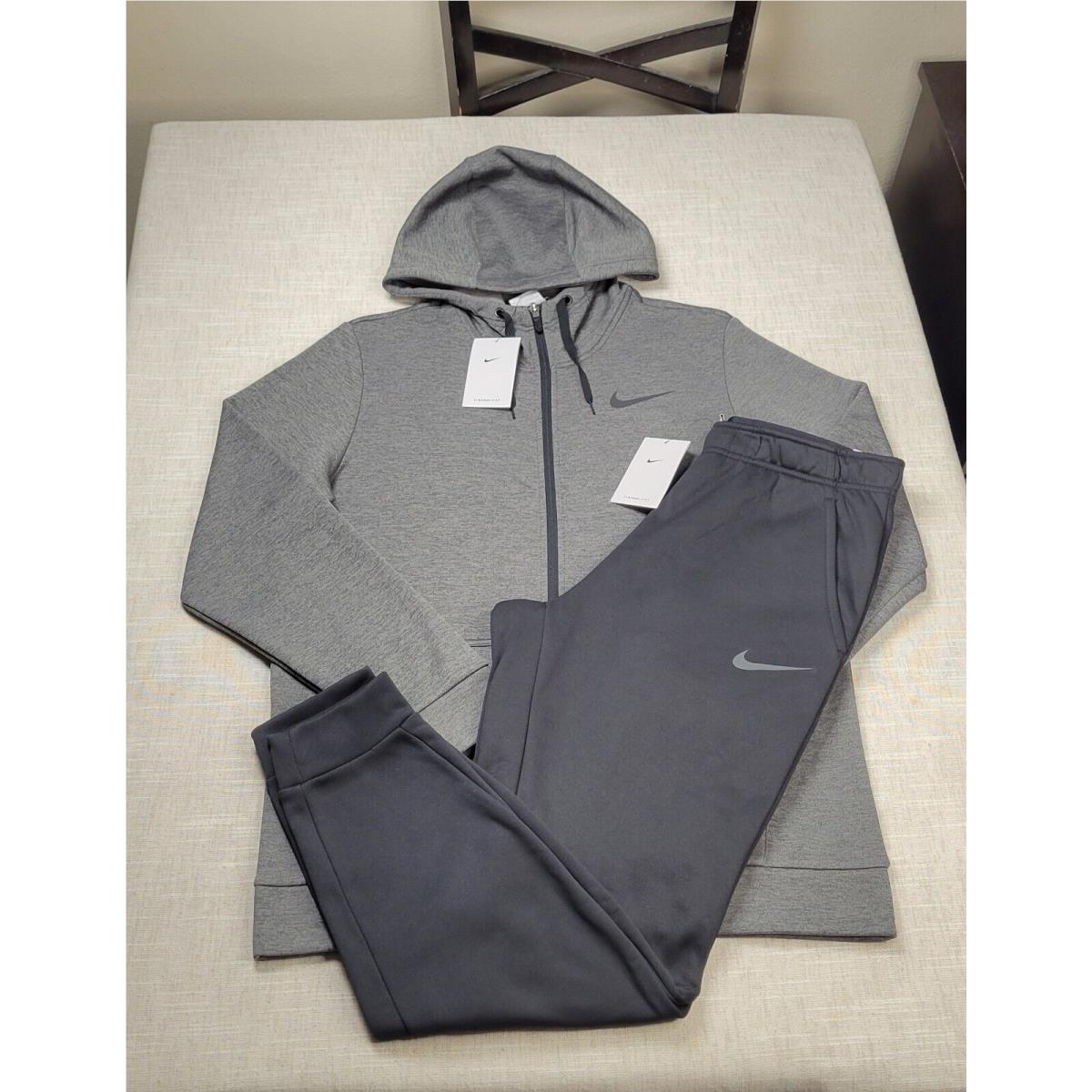 Nike Therma-fit Hoodie Jogger Pants Set Medium Mens Gray Black Fleece Full Zip
