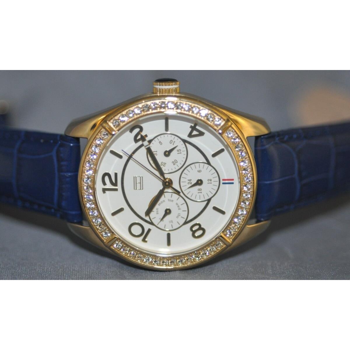 Tommy Hilfiger Ladies White Dial Blue Leather Watch 1781270 - Dial: White, Band: Blue, Bezel: Gold