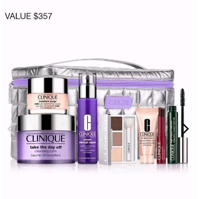 Best of Clinique 7pc Makeup Set Cream Gel w Silver Zip Makeup Gift Bag