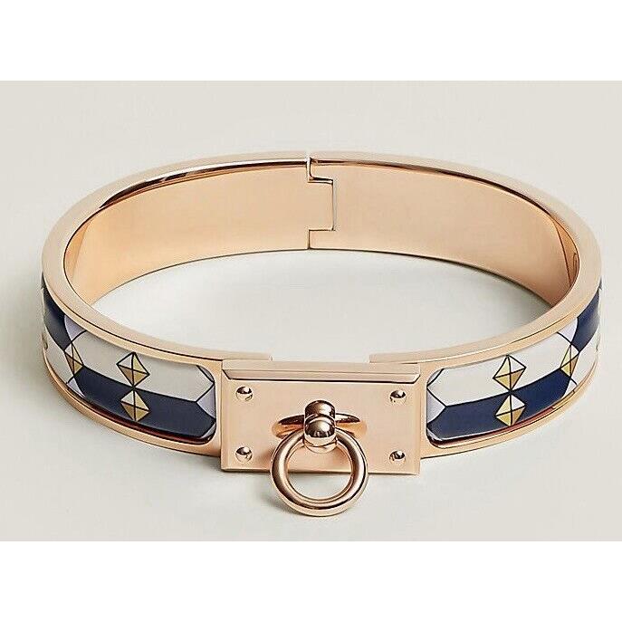 Hermes Clic Anneau Bracelet Colliers De Chiens Rose Gold Blue Enamel PM Birk