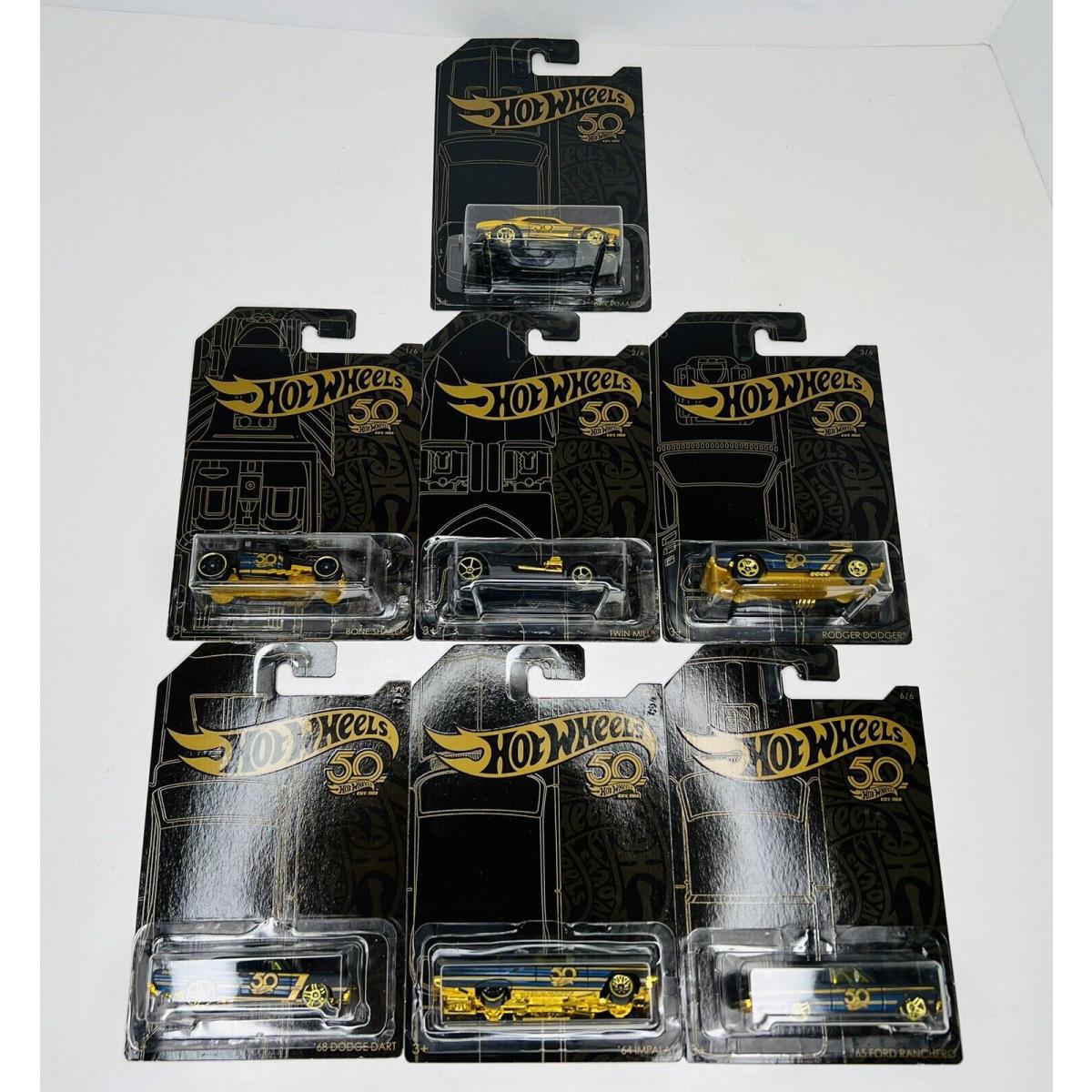 Hot Wheels Black Gold 50th Anniversary 7 Car Set Gold Camaro Chase W/cases