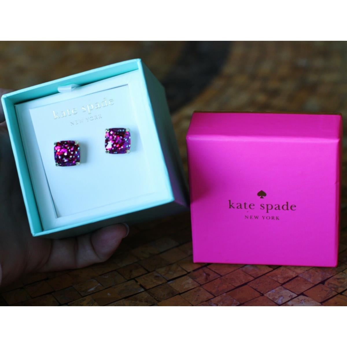 Kate Spade Multi Glitter Magenta Pink Stardust Gold Cushion Stud Earrings