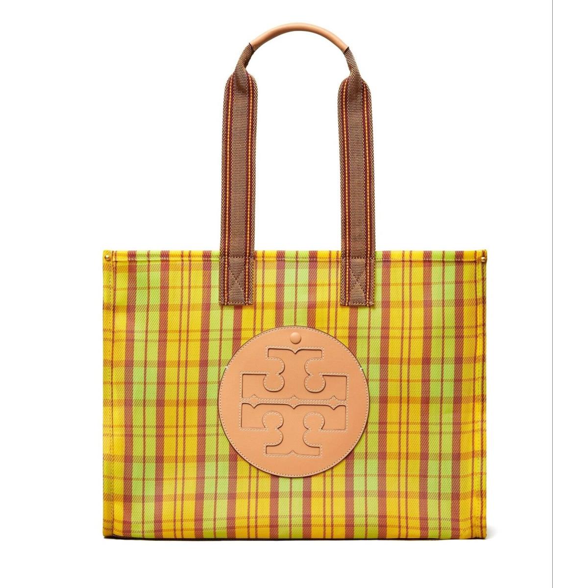 Tory Burch Green Yellow Mercado Plaid Ella Mesh Market Tote Bag